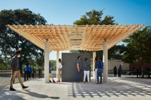由Tsz Yan Ng设计的木材亭子，带有交叉的木材顶棚